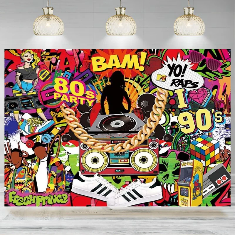 

80's 90's Backdrop Hip Hop Background Photography Graffiti Wall Party Dj Gold Chain 80s 90s Party Decorations 90s Banner