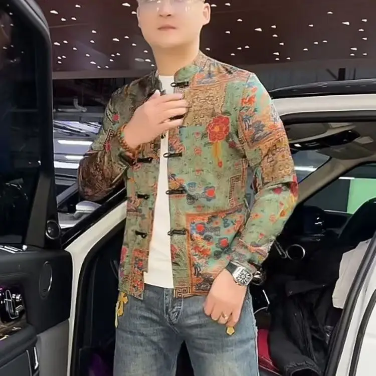 Men's Casual Chinese Sle irt with Button Embroidery Autumn Spring Season Long Sve Slim Fit Faionable Versatile Top