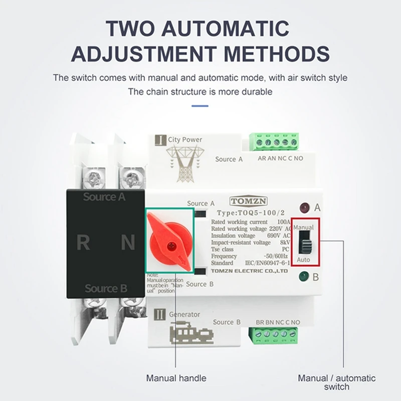 TOMZN 3X Din Rail 2P ATS Dual Power Interruptor de transferência automática Seletor Elétrico Comuta Potência Ininterrupta 63A