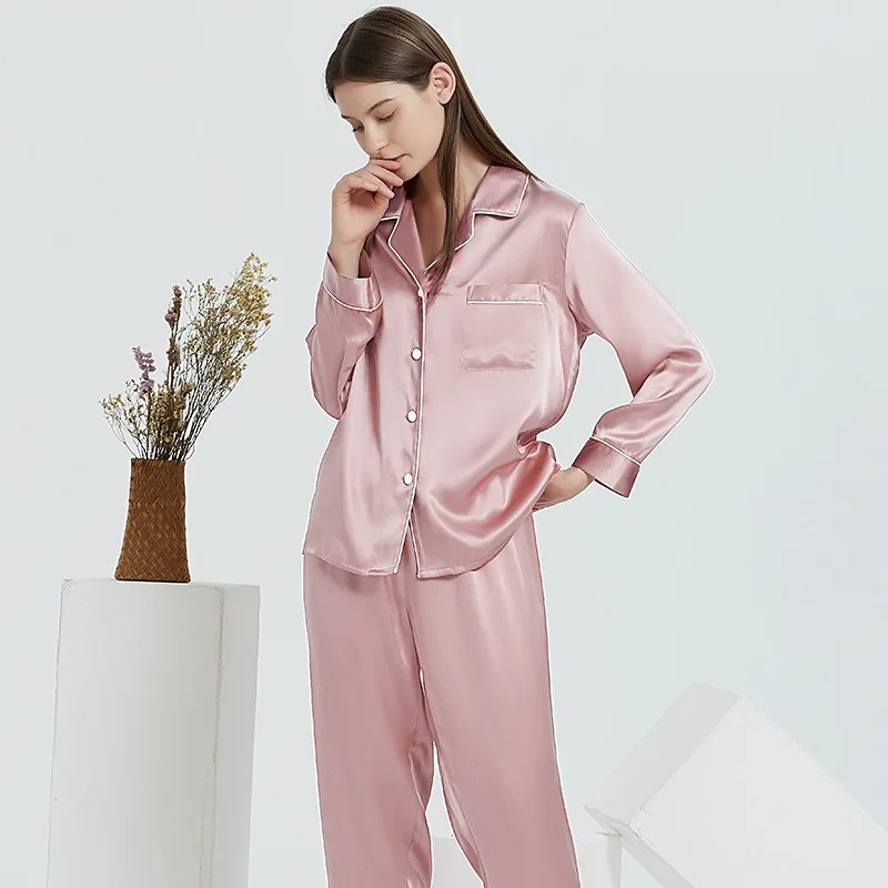 

High-End Women's Silk Pajamas Set with Embroidery 30mm Long Sleeved Top and Trousers 2PCS Sets Perfect for Loungewear