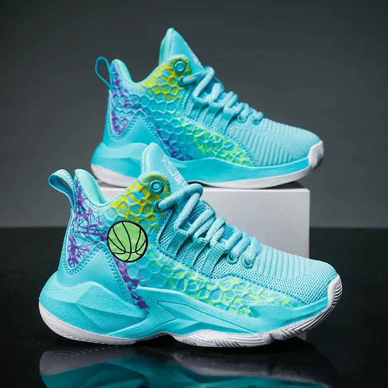 

A pair of children's four-season mesh high-top basketball shoes, wear-resistant basketball shoes, sizes 31-40，JS-739