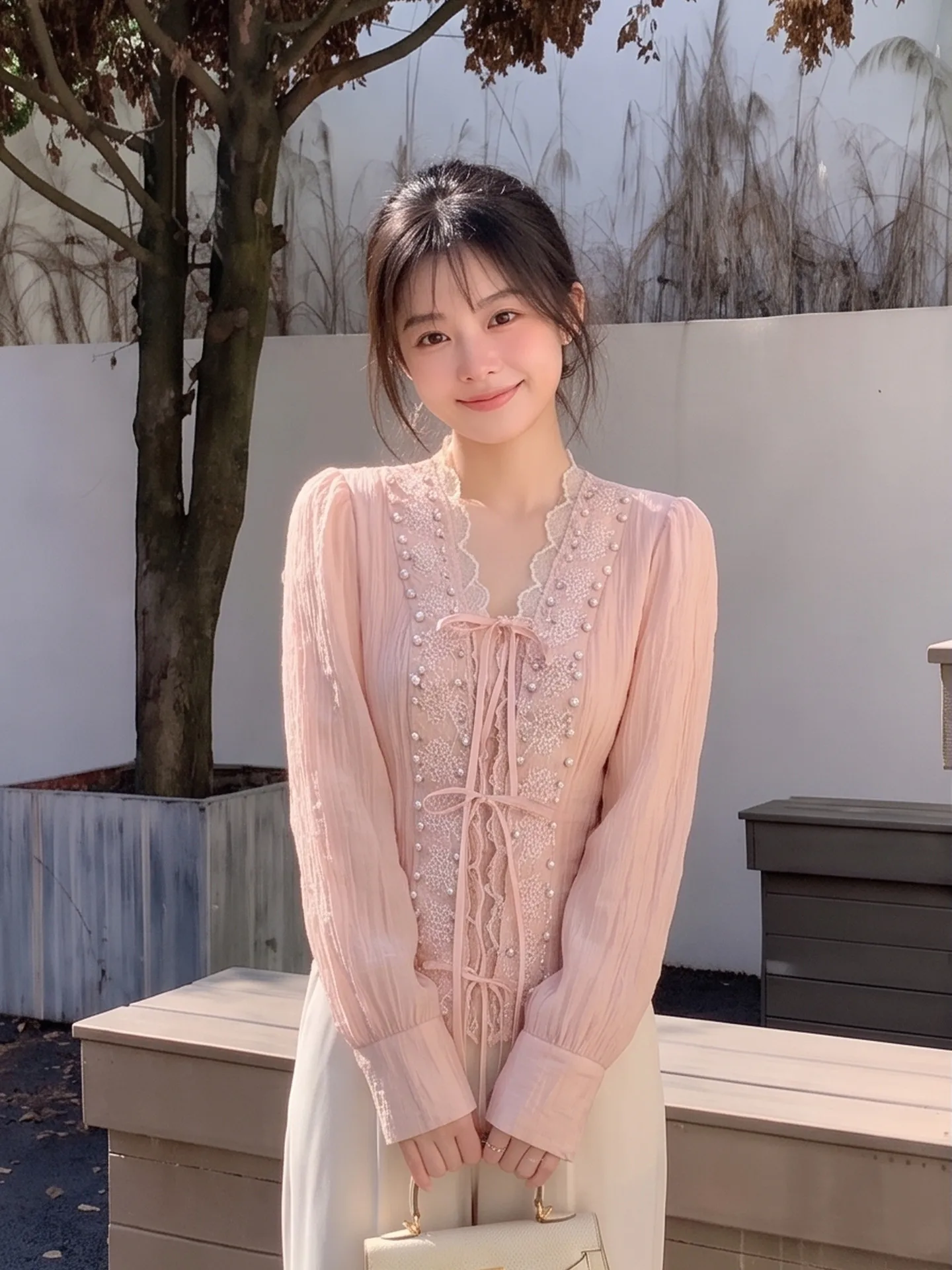 Sweet Elegant Embroidered Bubble Sleeve Shirt Women's Long Sleeve Tunic Top Korean Style Texture Pleated Gown for Citywalk