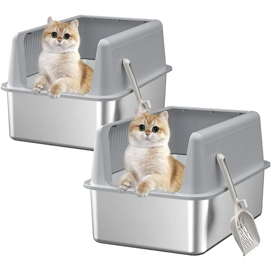 

2PACK Stainless Steel Cat Litter Box with Lid 19.7 L x 13.8 W x 11.8 H Deep Large Metal Litter Box with High Side for Small and