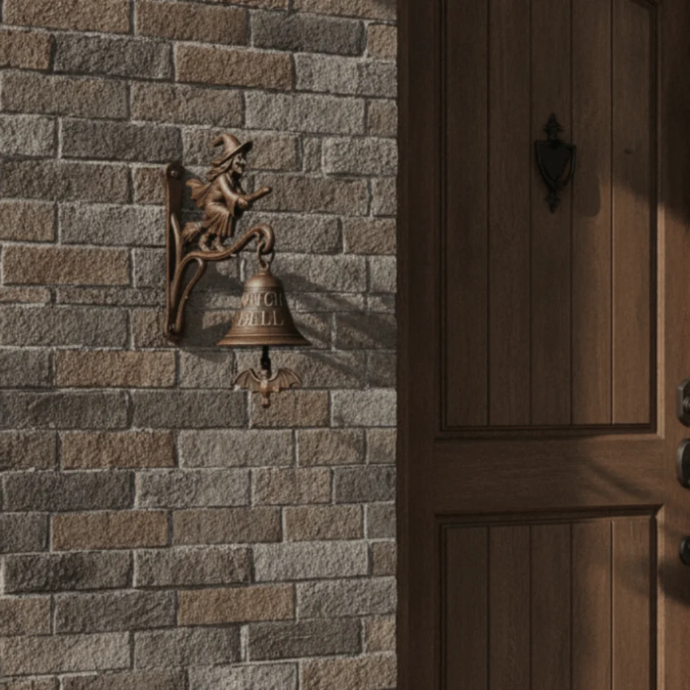 Vintage Halloween Witch Doorbell Alloy Wall-mounted Witch Hanging Ornament Copper-colored Sounding Halloween Door Hanger Gift