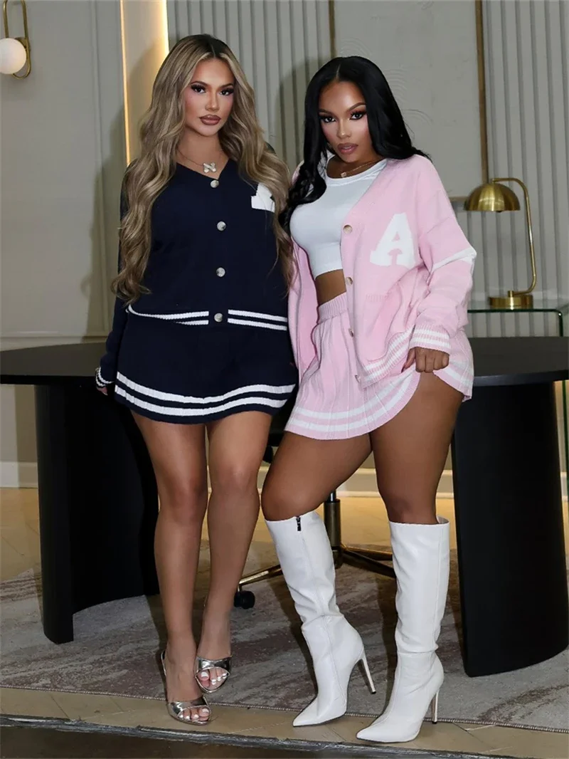 

Fashion Knitted 2 Piece Sets Women Outfit Spring Summer Clothes Women 2025 Sweater Top Pleated Skirts Sets Two Piece Dress Sets