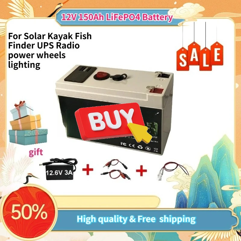 

12V 150Ah LiFePO4 Battery 4000+ Cycles with built-in BMS for Solar Kayak Fish Finder UPS Radio power wheels, lighting,