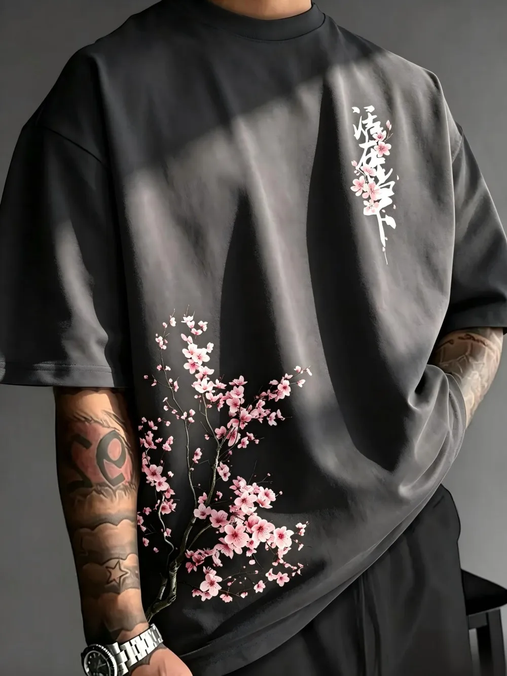 American style new men's summer minimalist letter cherry blossom print soft and breathable round neck T-shirt outdoor casual top