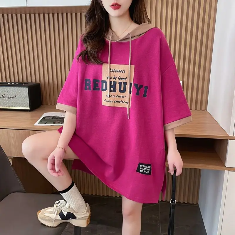 

Women Short Sleeve Hoodies Korean Casual Simplicity Trend Women Clothes Elegant Fashion All-Match Mid to Long Length Top Summer