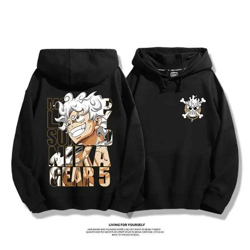

Anime Hoodie with Gear 5 Luffy Print White Hair More Sunrise Text Back Print Skull Flame Chest Logo Fleece Lined Streetwear