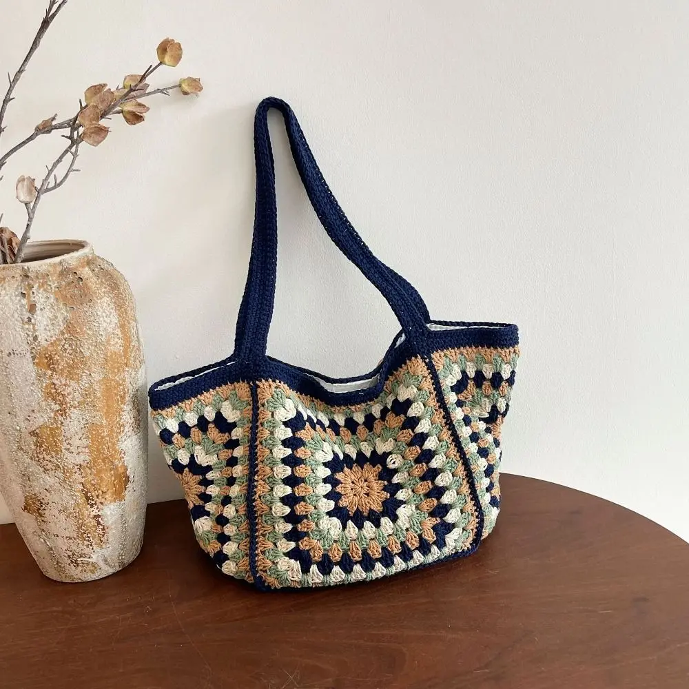 

Korean Style Hollow Out Knitted Weave Bag Ethnic Style Braided Knitted Shoulder Bag Vacation Style Solid Color Beach Bag Outdoor