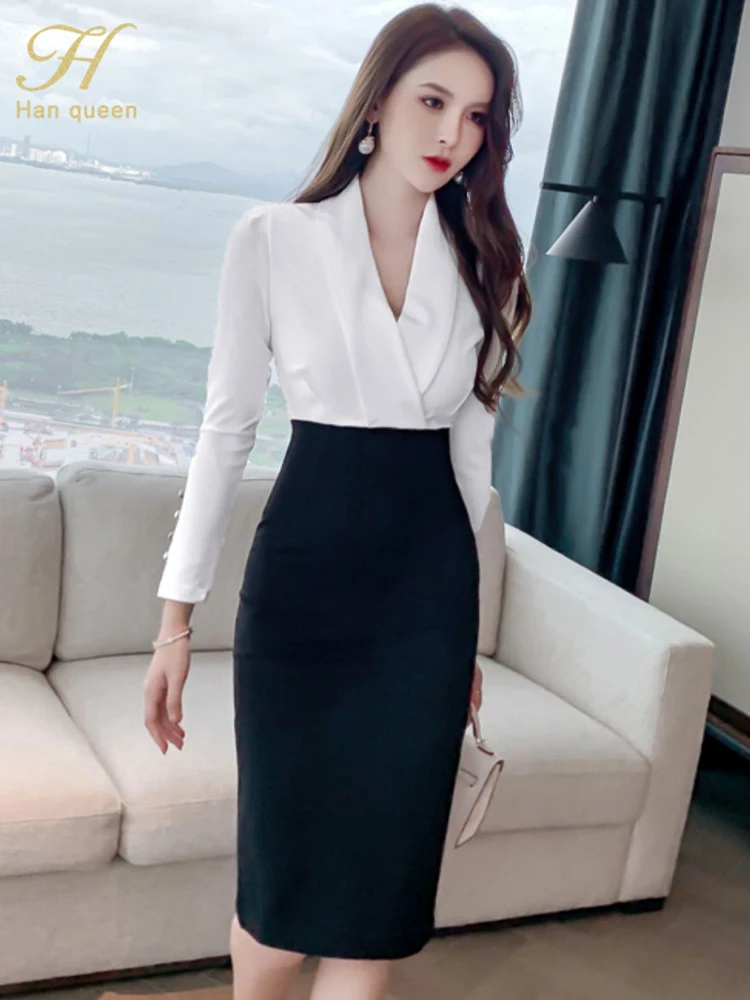 H Han Queen Hot Sales Summer Vestidos Elegant Chic Korean Black White Patchwork Bodycon Dress Simple Sheath Pencil Party Dresses