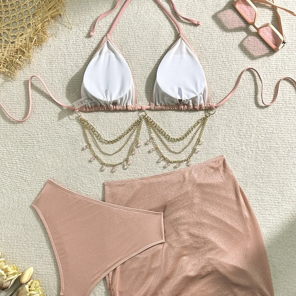 3피스 핑크 글리터 체인 비키니 수영복, 트라이앵글 수 - Swimsuit Bikini Ruched 리뷰 및 가격