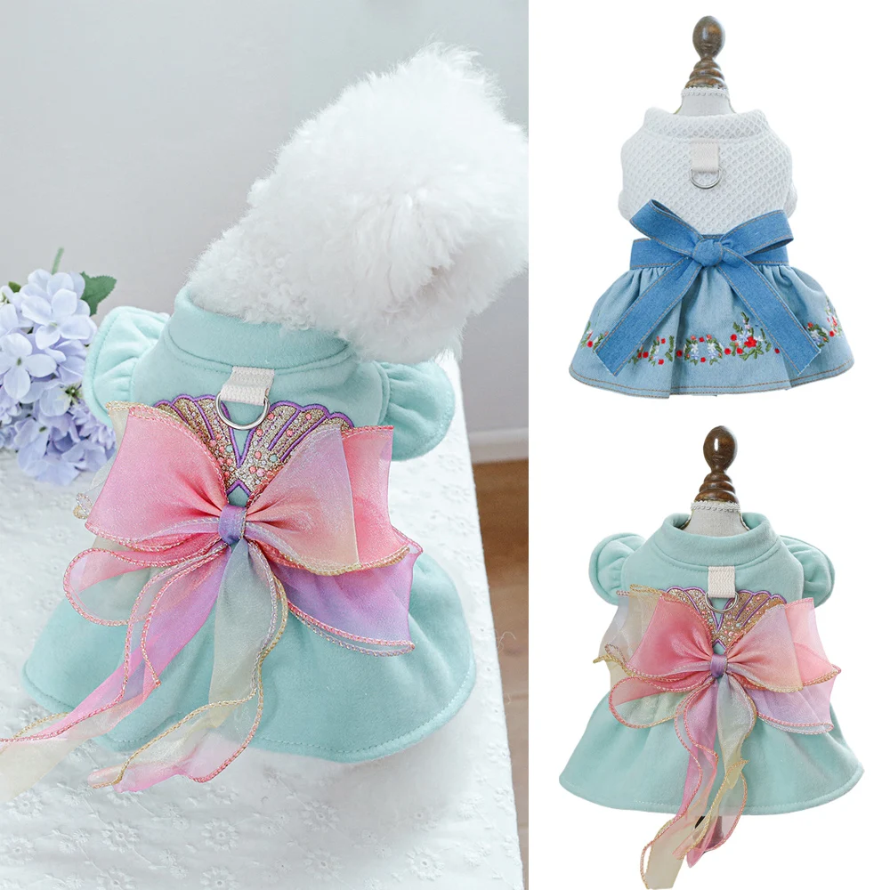 Winter Princess Dog Dress for Small Medium Dog Cat Lovely Bow Skirt with Traction Ring Puppy Clothes Yorkies Maltese Outfits