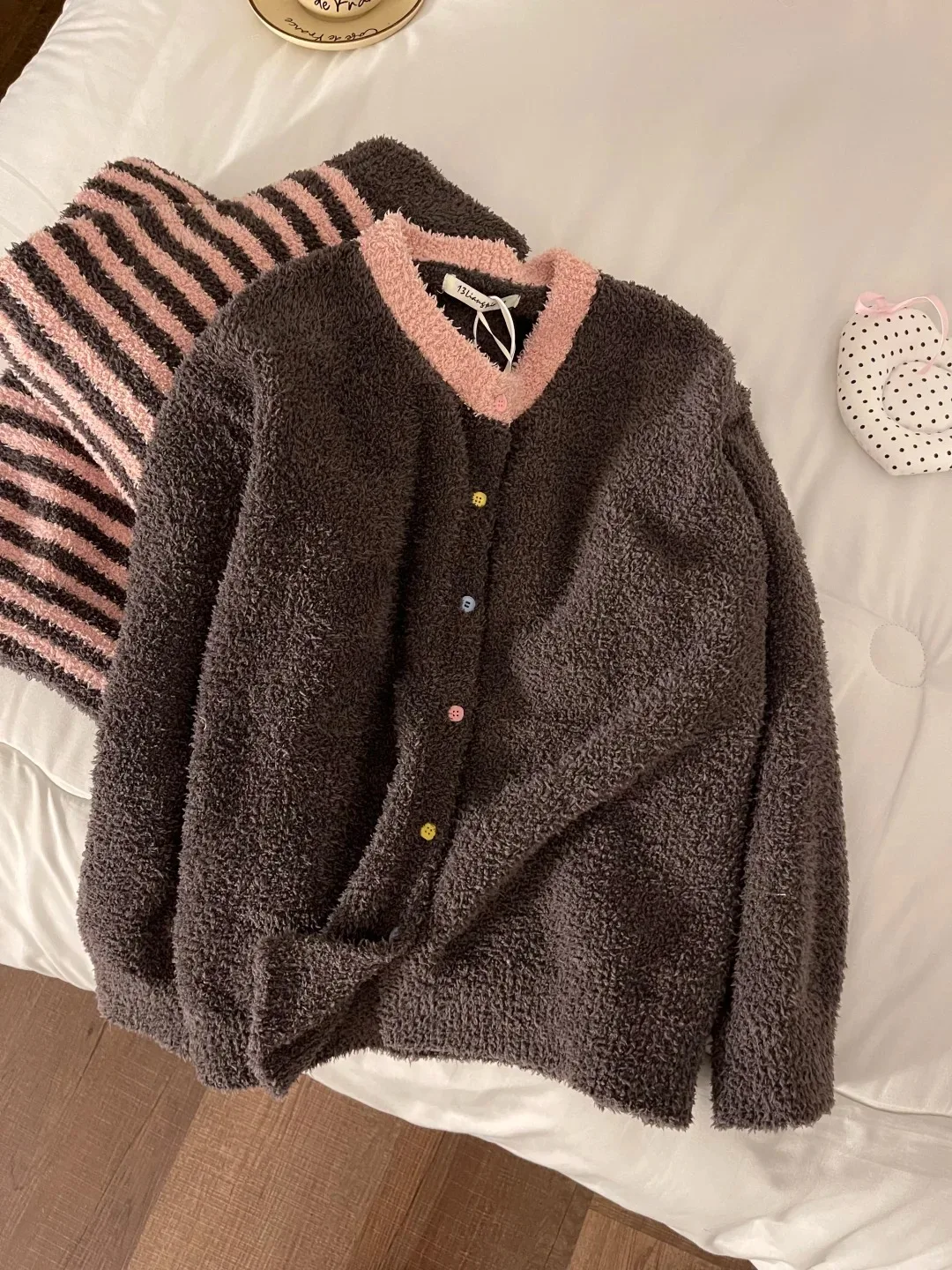 Thickened Half-Fleece Sleepwear Set Women's Winter Home Clothes Retro Contrast Color Lazy Style Warmth Home Furnishing
