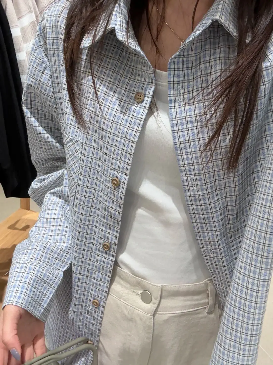 

Retro Blue Cotton Checkered Shirt For Women, Spring 2025 New Style Shirt, Loose Design, Long Sleeved Top