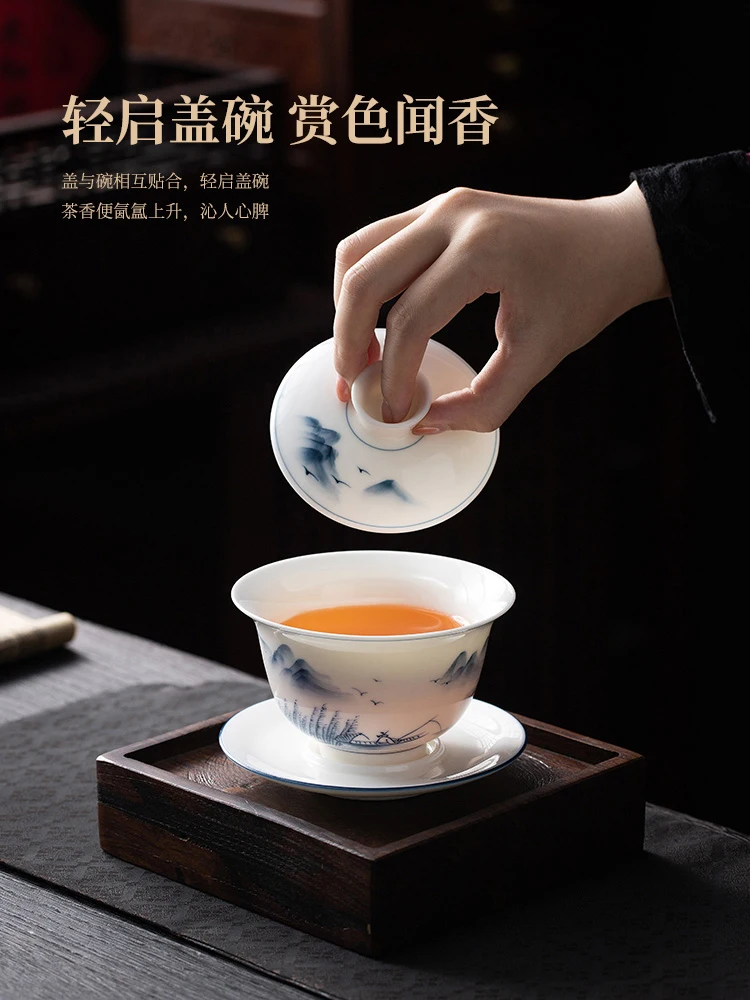 Jingdezhen Pure Hand Drawing Manual Teacup Single High-End Home Three Pieces Tea Making Bowl Tea Infuser Anti-Scald