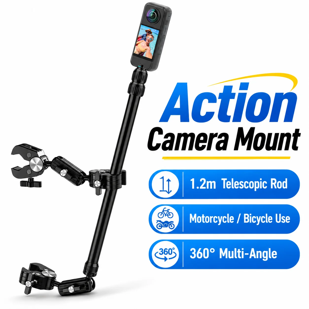 Multi Angle Action Camera Clamp Mount 120cm Extension Rod for Bike Motorcycle GoPro Insta360 DJI Outdoor Shooting