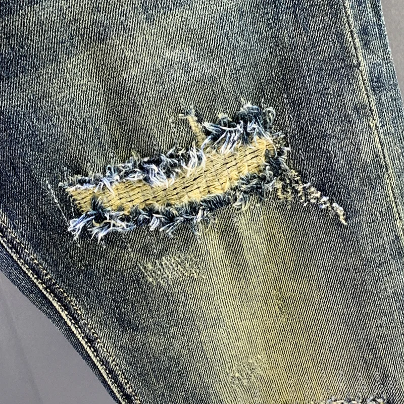 Spring and Autumn Retro Trendy Brand Splicing Patch Motorcycle Jeans Men's Slim fit Small Straight Tube Show off Thin Pants