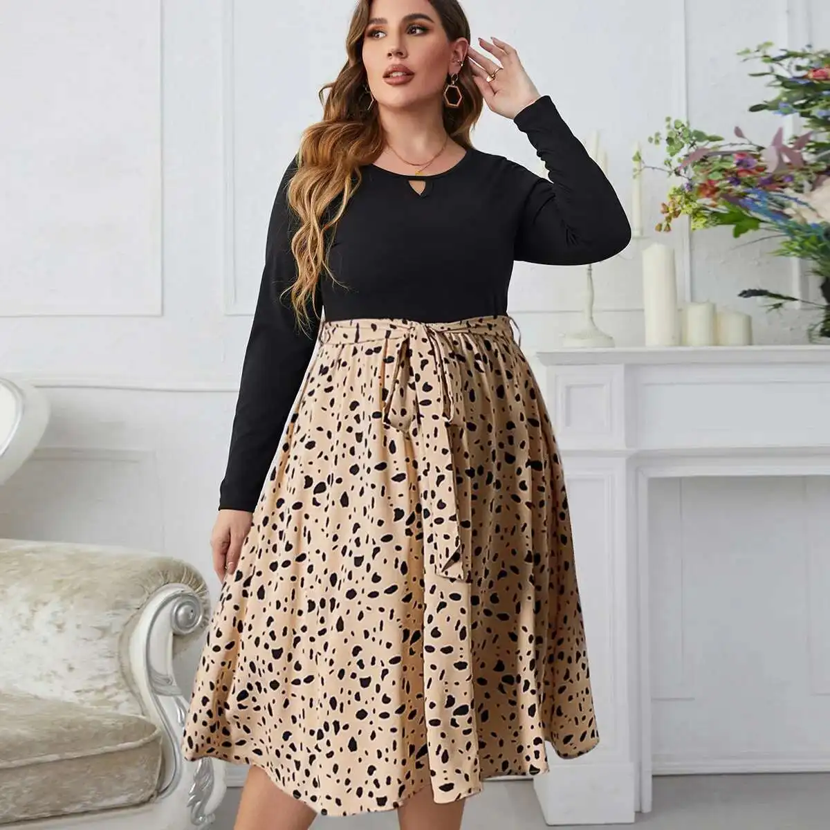 

Patchwork Long Sleeved Plus Size Dress with Polka Dot Print, Fashionable and Loose Skirt 2025 Party Summer Elegantes Casual Y2k