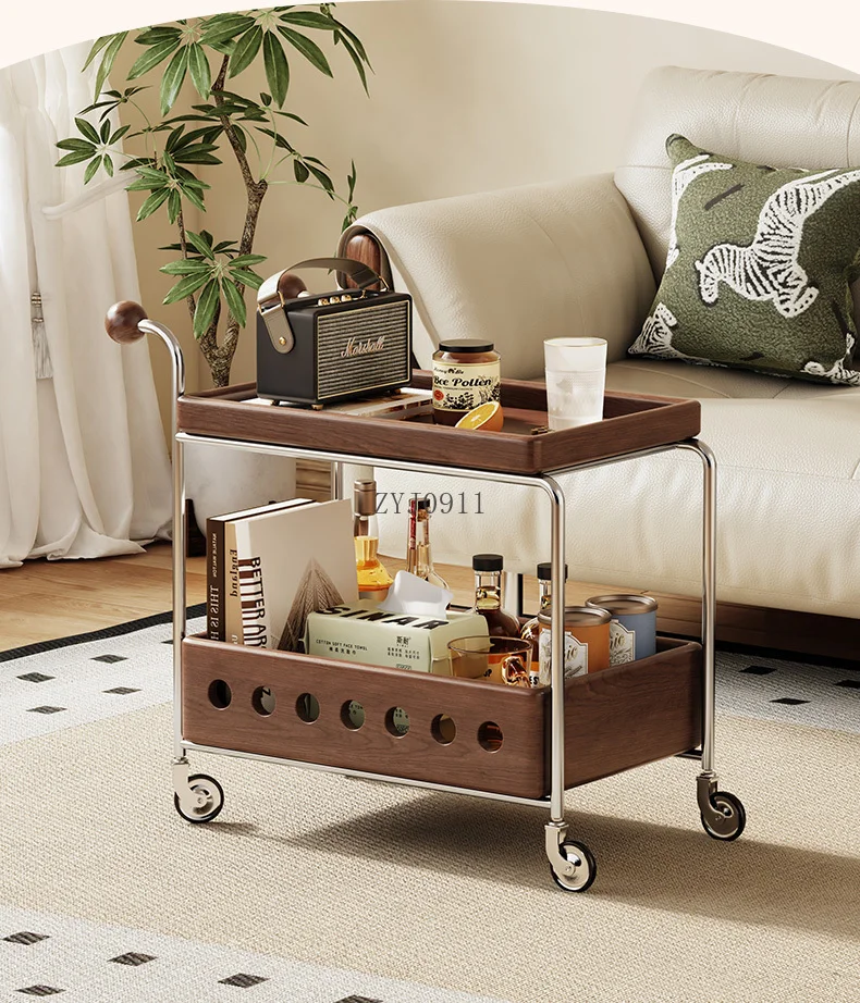 Zwarte walnootkar, opbergrek in de woonkamer, verplaatsbare massief houten salontafel bijzettafel