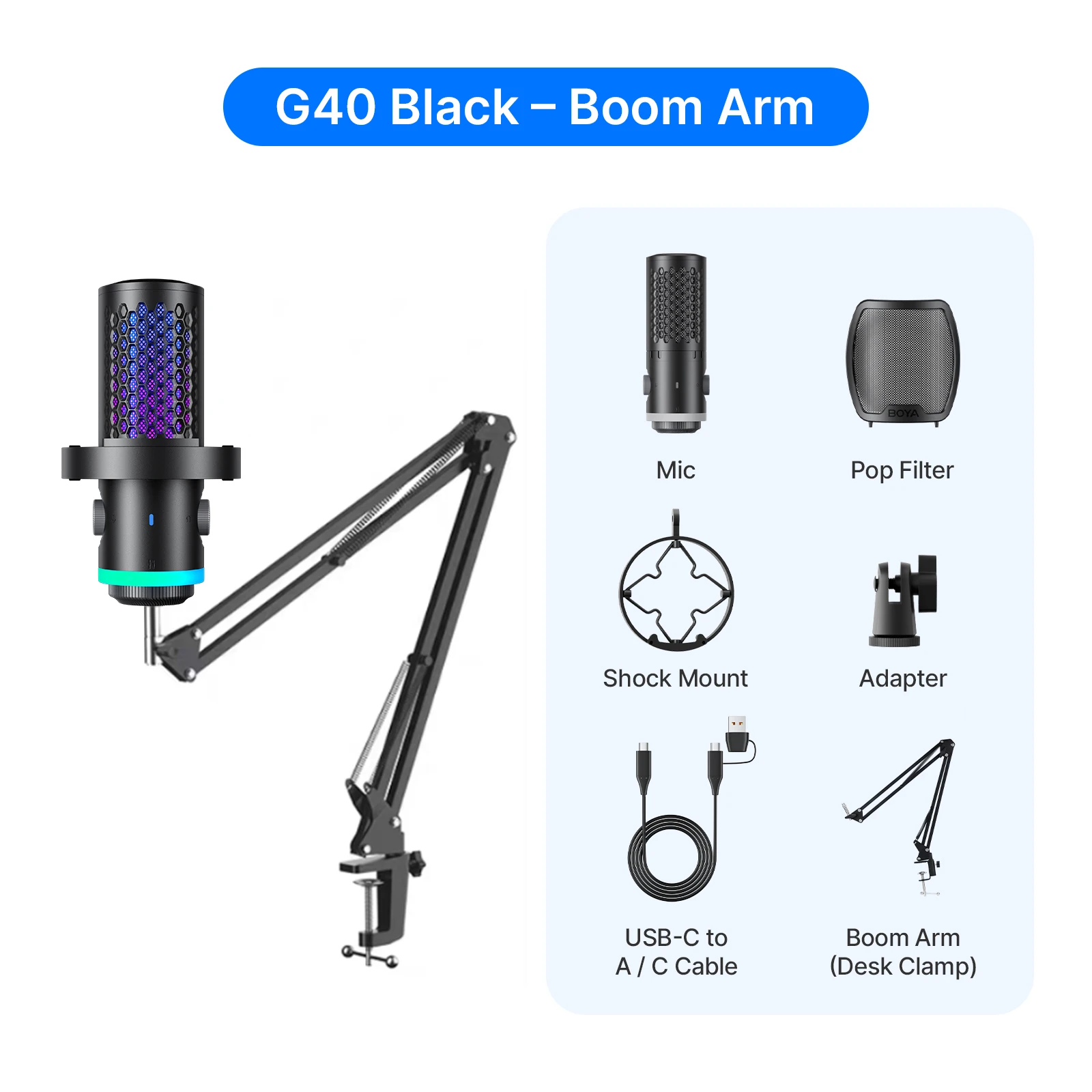 BOYA CastMIC G40 USB Condensatormicrofoon 192kHz/24bit 14mm Capsule ENC Ruisonderdrukking RGB Gaming Microfoon voor Streaming en Podcasten