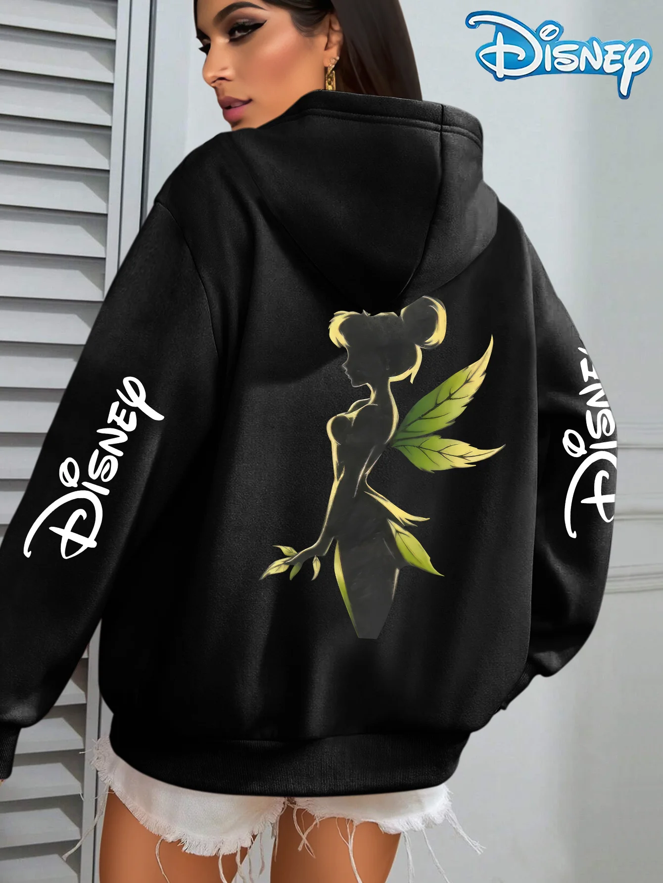 レディース ディズニー ティンカーベル柄 秋冬 フリース フード付きスウェットシャツ ユニセックス ストリートウェア オーバーサイズ ルーズ カジュアル