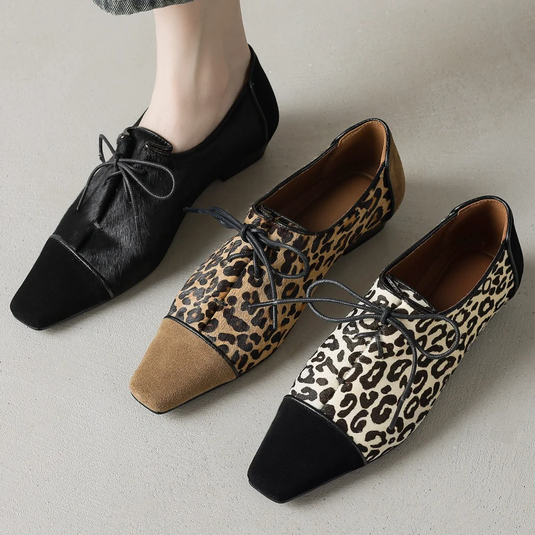 

Женские туфли-оксфорды из натуральной замши с леопардовым принтом из конского волоса в стиле пэчворк, на плоской подошве с квадратным носком и шнуровкой, мягкая удобная обувь высокого качества