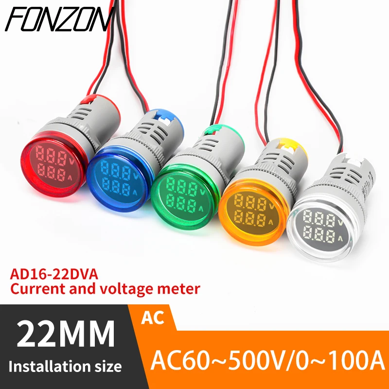 

22mm AD16-22DVA round mini voltmeter ammeter LED dual display, digital voltage and current amp meter indicator light 60-500V