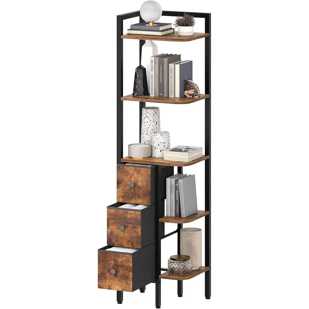 

5-ярусная книжная полка с 3 ящиками, промышленная витрина для узких пространств, деревянный небольшой книжный шкаф, простая сборка, цвет рустик-коричневый