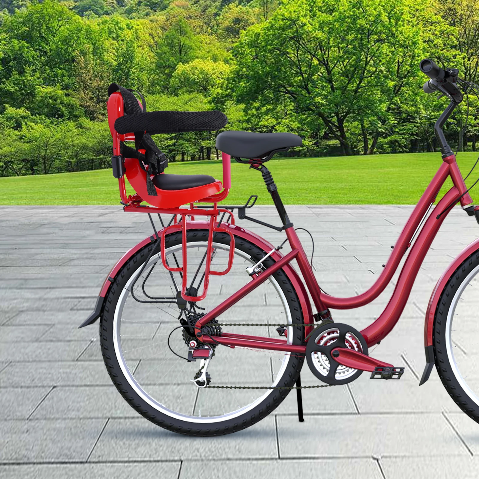 مقعد دراجة خلفي للأطفال مناسب للأطفال، مرفق مقعد سرج دراجة الأطفال الخلفي للدراجة للبالغين مع وسادة مقعد باللون الأحمر/الأزرق