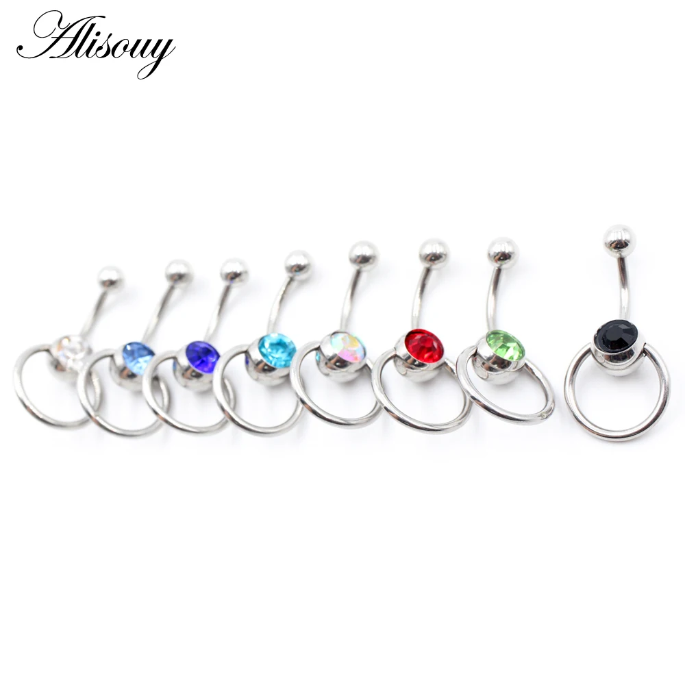 Alisouy 1pc Round Blue Crystal Ball Belly Piercing Ombligo Navel Piercing Belly Ring Stainlss Steel Button Rings Body Jewelry