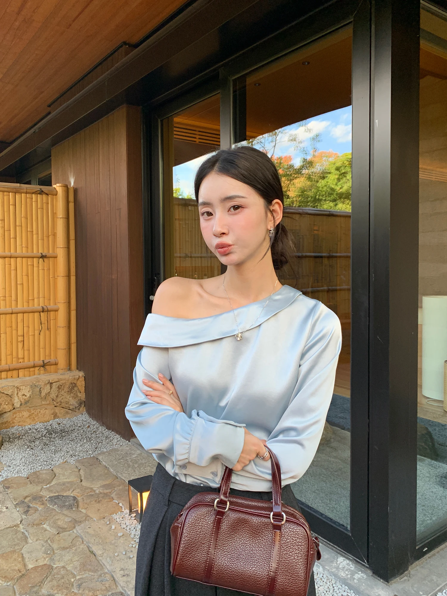 

Ele Bla Asymmetrical oulder Acetate irt Women's Loose Drapey Long Sve Top Pusumede Boundl Sle Faionable