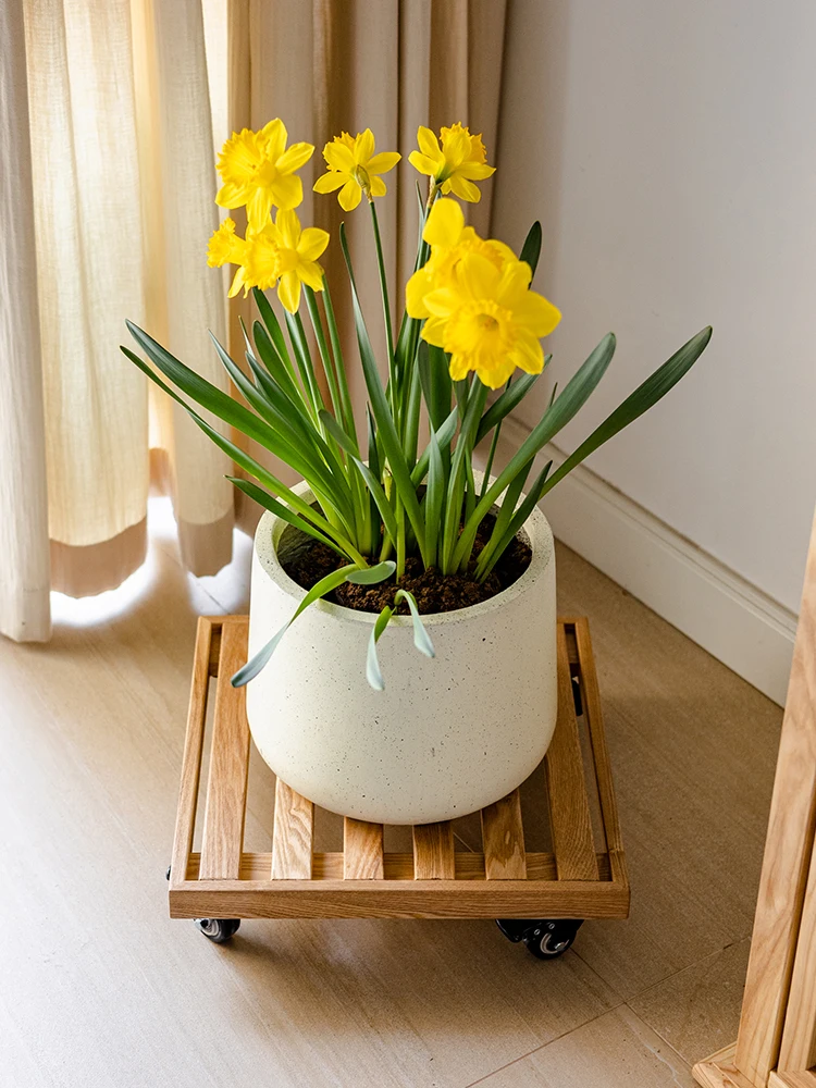 Flowerpot tray with universal wheel can slide succulent solid wood bonsai base living room green plant bottom mobile shelf.