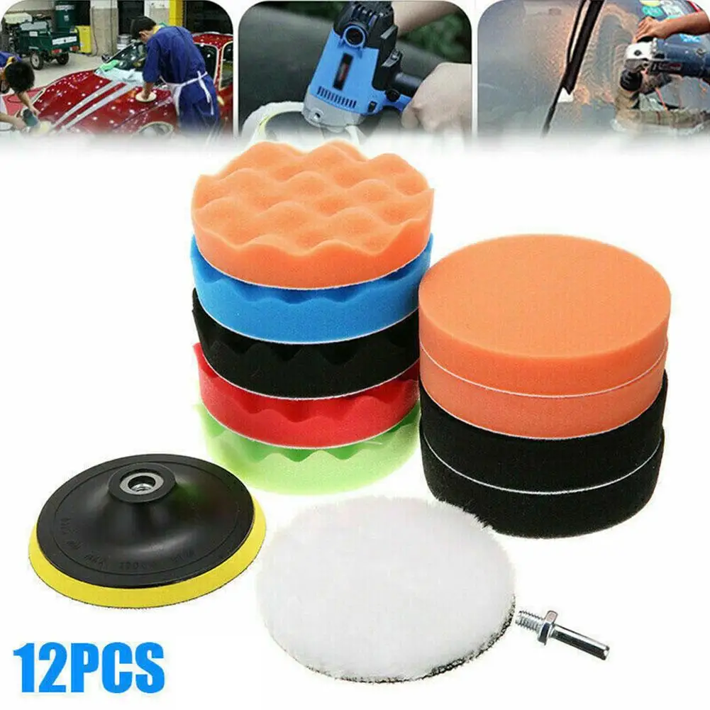 12PCS 3inch Buffing Sponge Pad Set Car Polishing Disc Auto Buffing Waxing Sponge Car Polisher Drill Adapter Cleaning Tool