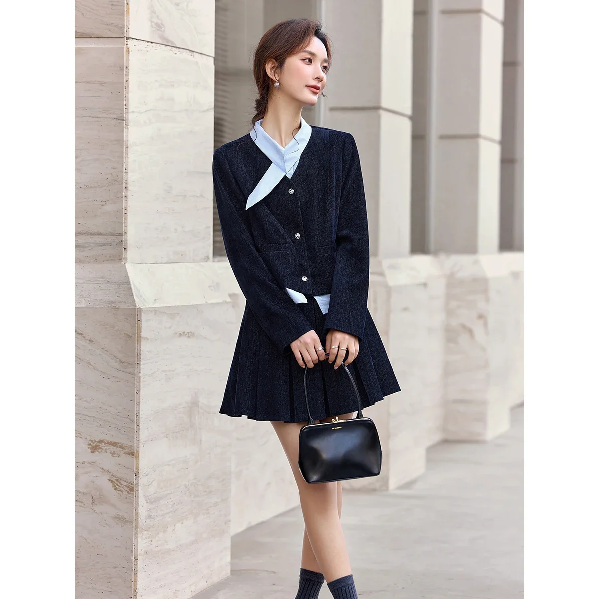 VIMLY Navy Fake Two-piece Color Block Two-piece Set for Women 2026 Autumn New Coat Pleated Skirt Fashion Elegant Outfit A3685