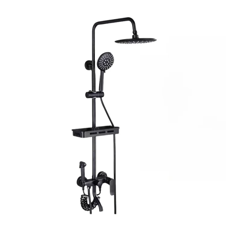 

Economic Matte Black Rainfall Shower Column Set With Shower Head Modern Four Function Brass Shower Set With Storage