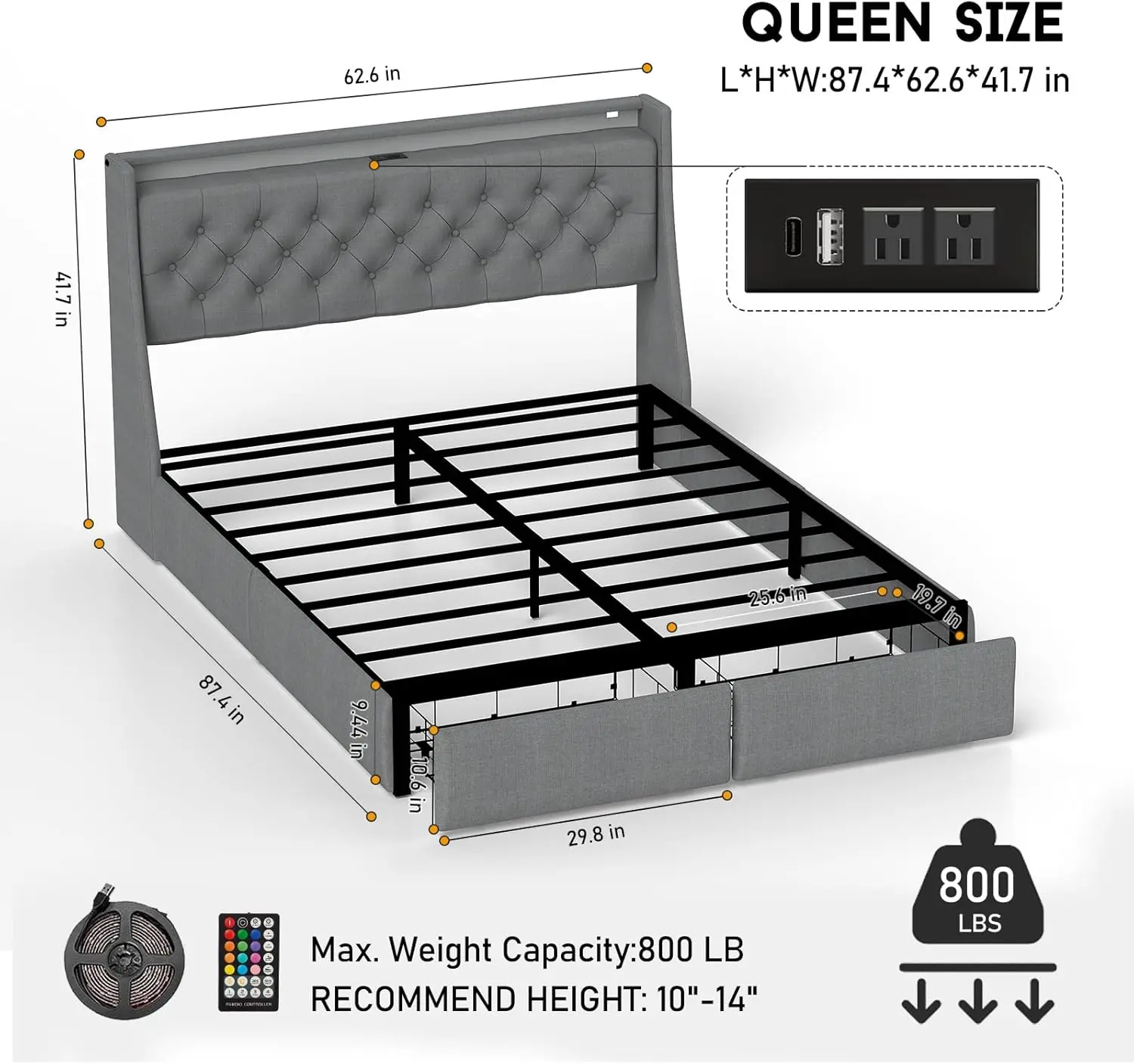 Queen Bed Frame with 2 Storage Drawers and Luxury Wingback Upholstered Button Tufted Storage Headboard,Charging Station