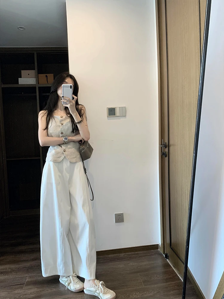 Korean Style Single Button Shoulder Vest Women's Summer New Outerwear Versatile Design Top High Waist Denim Pants