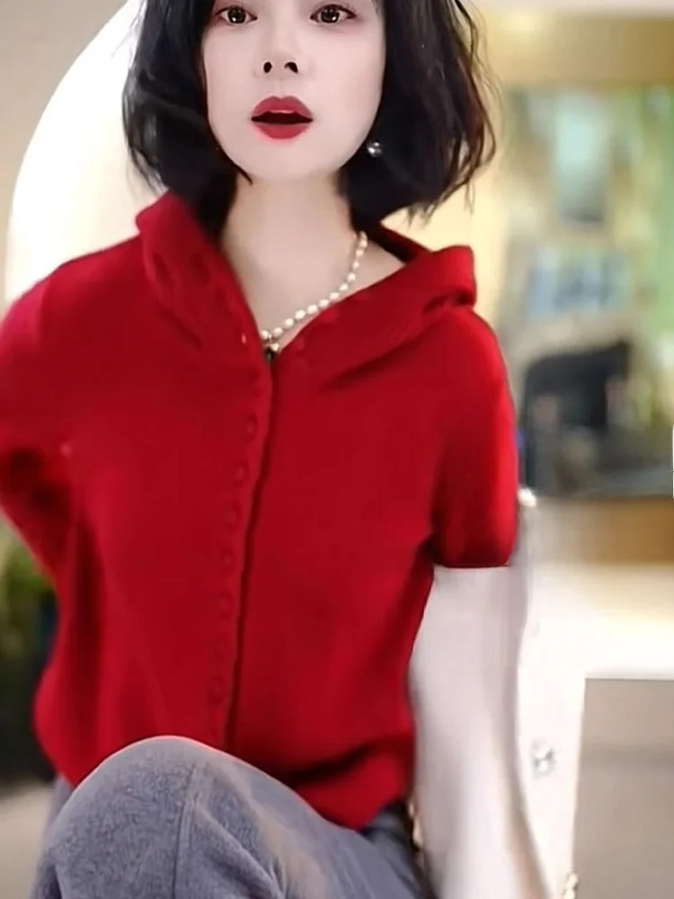 السنة الجديدة الأحمر فضفاض محبوك قبعة سترة طويلة Sve عادية Ele المرأة لينة مريحة ملابس خارجية الكورية Sle قطع مستقيمة