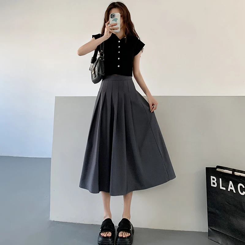 Spring Fashion Korean High Waist Slim Mid Length Pleated Skirt Women's Solid Patchwork Zipper Sweet All Match Loose Half Skirt