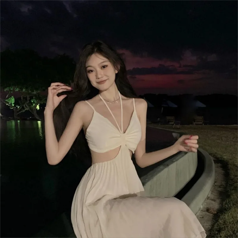 French New Sexy Suspender Dress Irregular Waist Slim Soild Color Dress Female Beach Holiday Female Long Sleeveless Dress