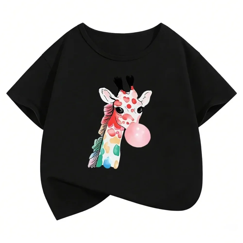 Children's Round Neck T-shirt Loose and Comfortable Casua Multi-color Fashionable and Simple Giraffe Print Short Sleeved Tops