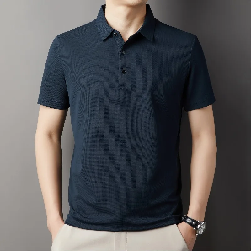 Men's Clothing Solid Color Pullover Turn-down Collar Summer Button Short Sleeve T-shirt Boyfriend Casual Formal Business Tops