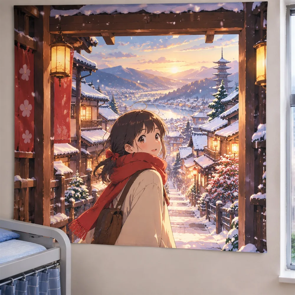 VIKAMA Snowy Town Night Anime Tapestry Wall Hanging, Aesthetic Winter Anime Room Decor Tapestries for Bedroom Living Room Study