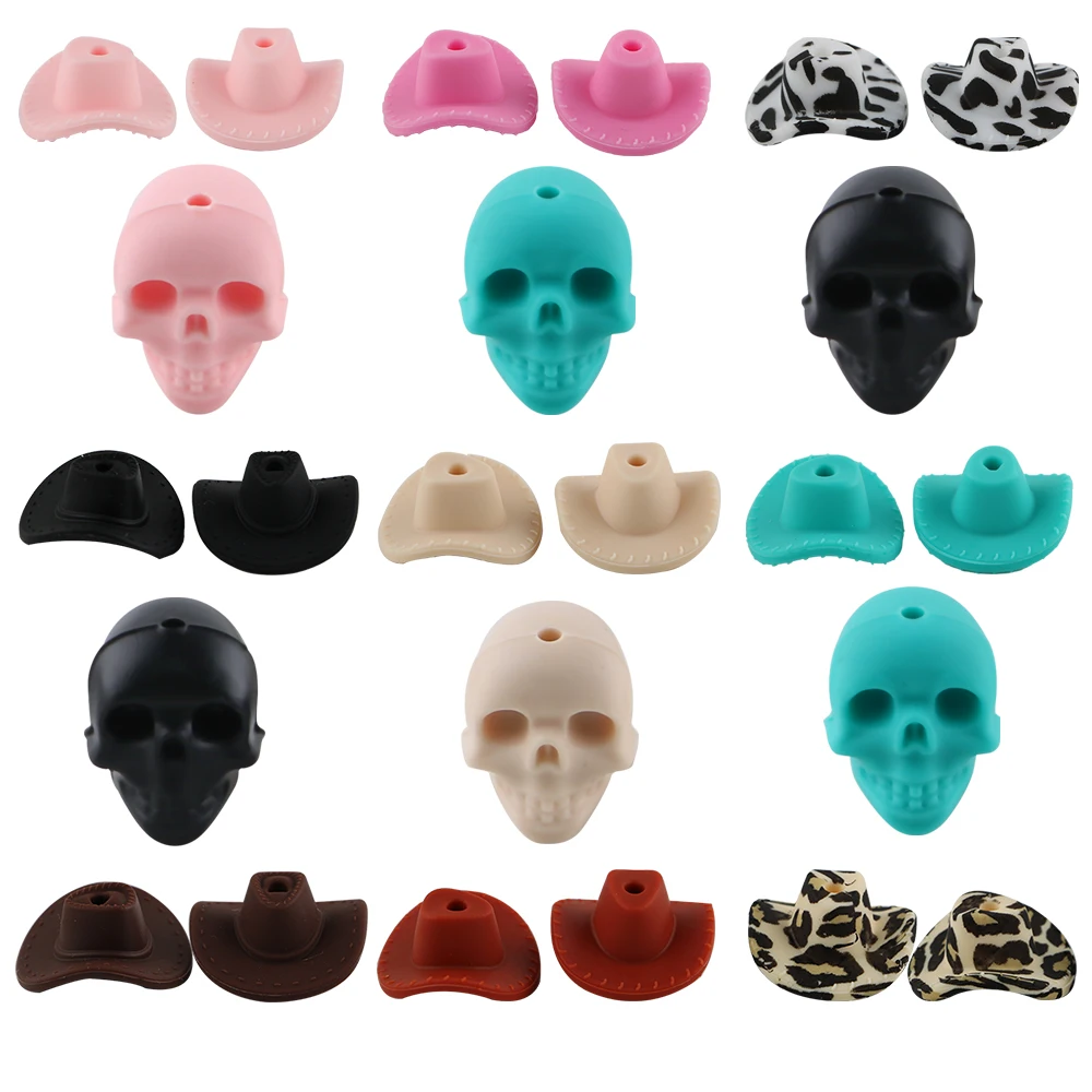 

10pcs New Leopard Print Cowboy Hat/3D Skull Silicone Bead For Making DIY Jewelry Bracelets Key Chain Pen Handicrafts Accessories