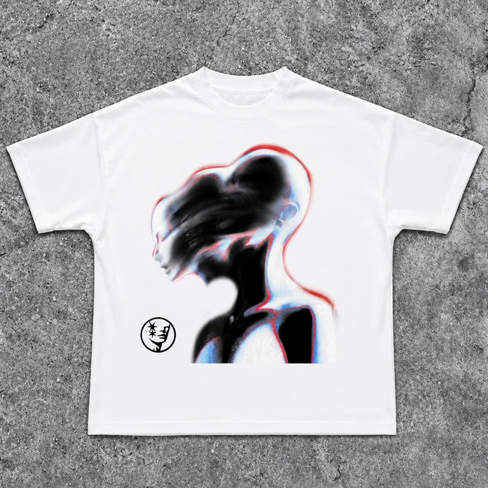 Glitch Double Human Silhouette Pattern Breathable Y2K Streetwear Top Unisex Short-sleeved Retro Street Y2K Casual Tops Clothing
