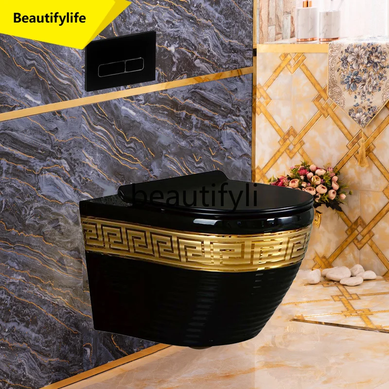 A61 Wall-Mounted Toilet Black Color Gold Wall Drainage Concealed Cistern Ceramic Suspended Toilet