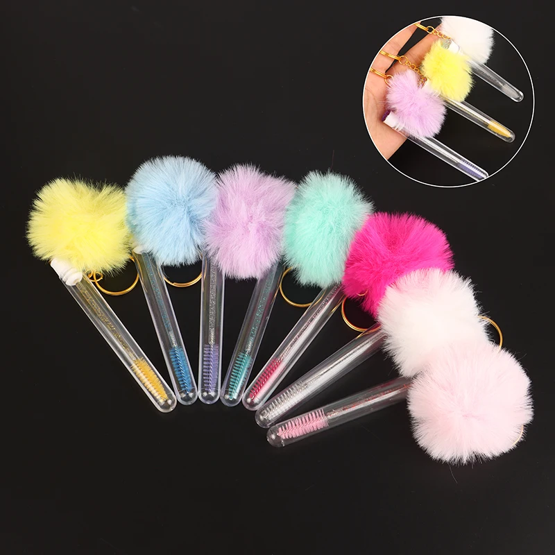 1pcs Tube Eyelash Brush With Gold Keychain & Fluffy Fur Pom Pom Ball Lash Extension Makeup Brush Eyebrow Comb Beauty Tools