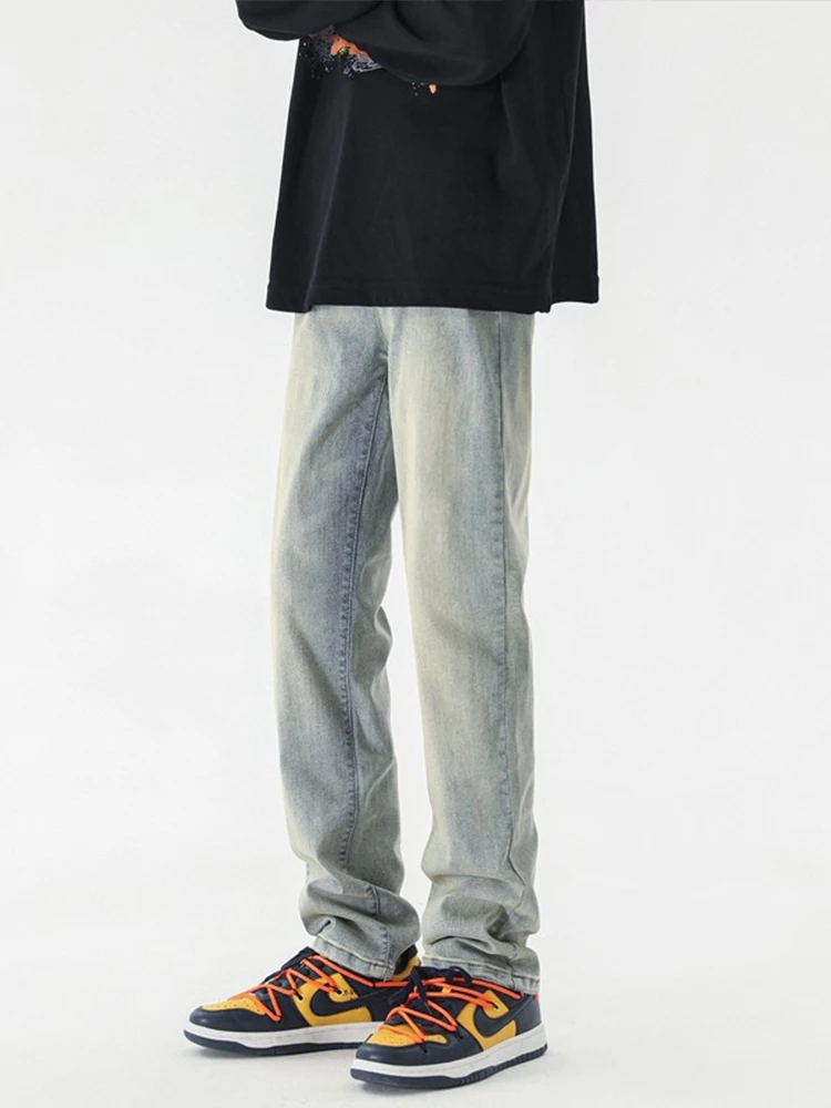 

Trendy American High Street Men's Jeans Autumn Winter Yellow Mud Color Elastic Straight Leg Wide Leg Pants Casual Wear