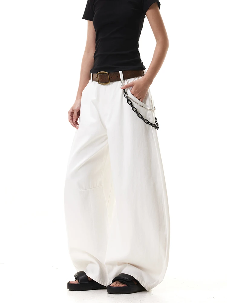 

American Retro White Loose Feelings Knife Design Jeans Men Loose Wide Leg Straight Cleanfit Floor-Length Pants Casual Jeans